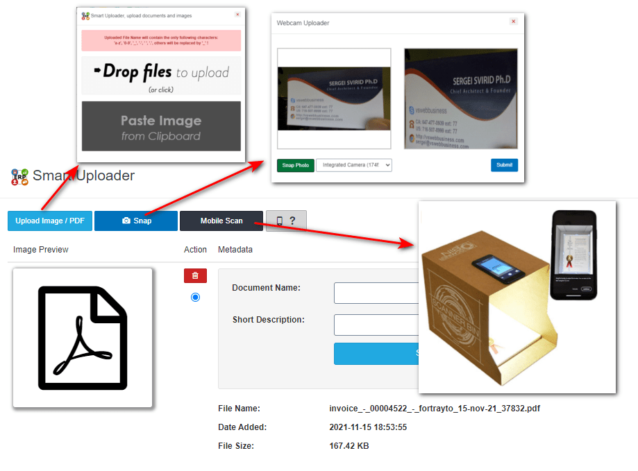 Upload documents and images in warehouse or payments