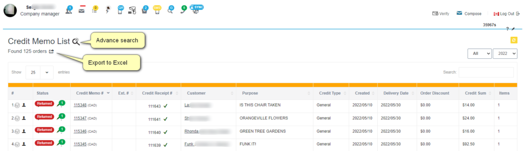 Credit Memo (Return products to warehouse)