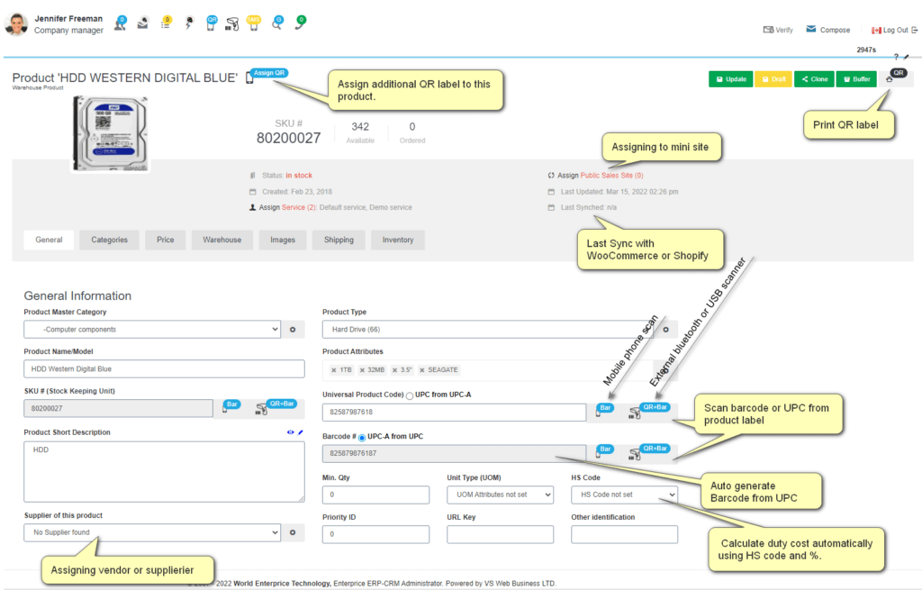 All-In-CRM product name, SKU, UPC, Duty code, Attributs